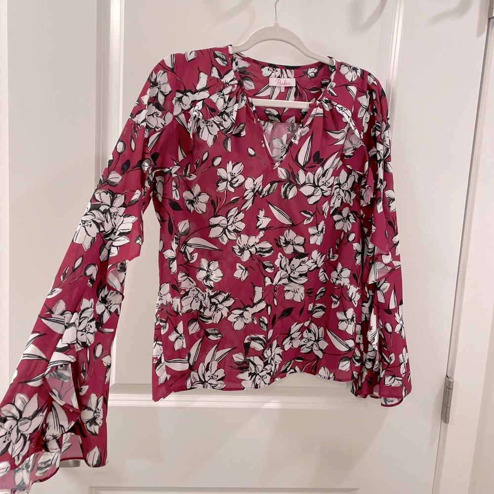 Parker Magenta Floral Bell Sleeve Ruffled Boho Blouse